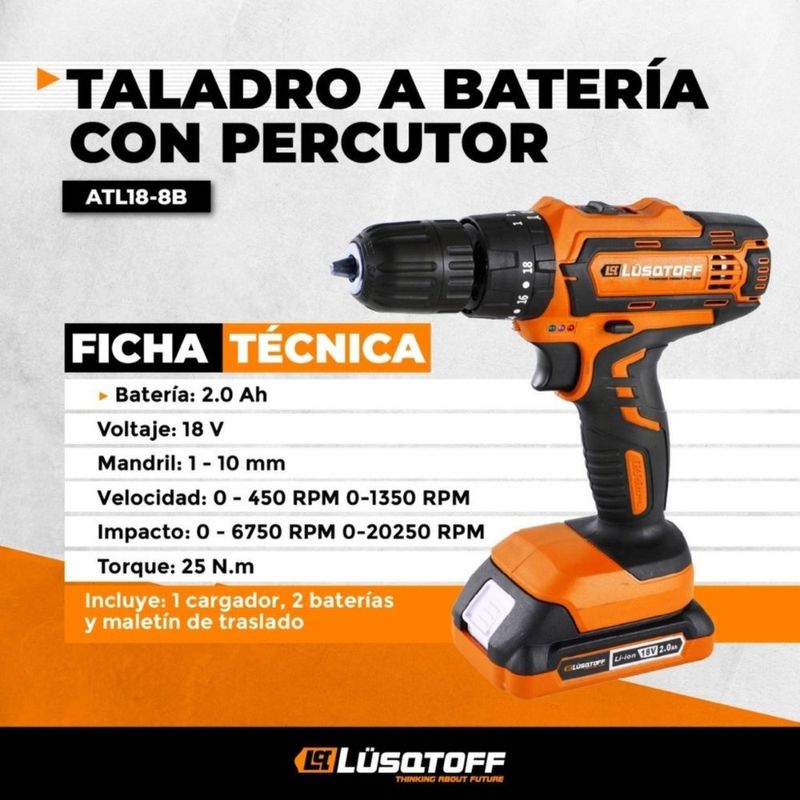 Taladro Atornillador c/ percutor a Batería 18V Lüsqtoff Herramientas  Pergamino