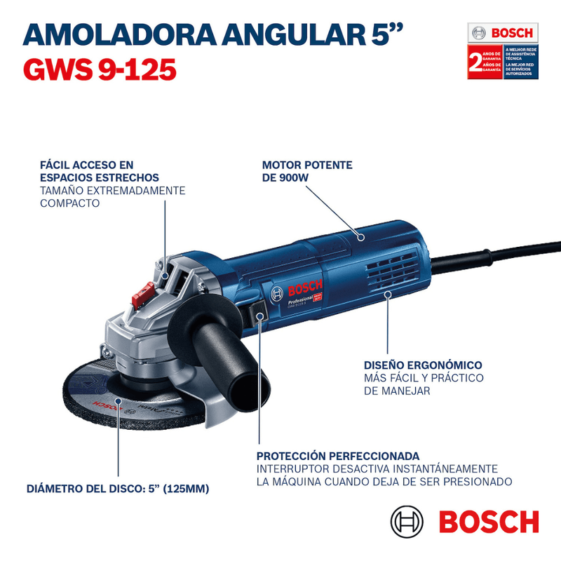 Amoladora Angular Bosch GWS 9-125 S Professional, 5 900W 11000RPM M14  Velocidad Variable DD 125mm