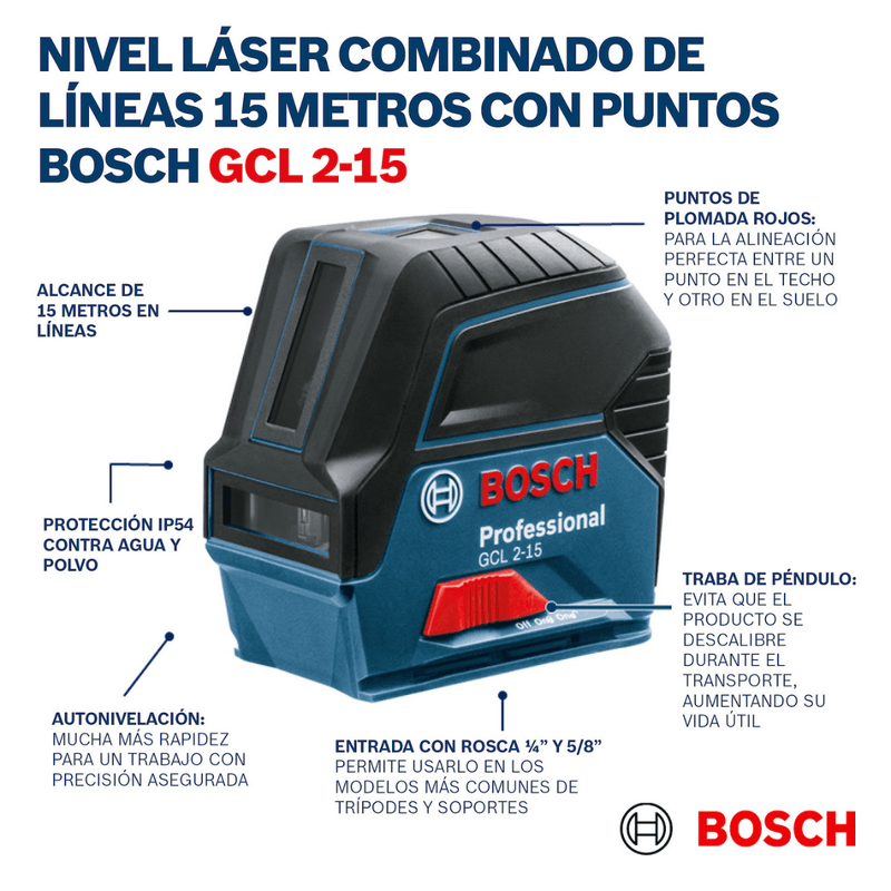 Nivel láser verde 15m con puntos de plomada bosch gcl 2-15 g