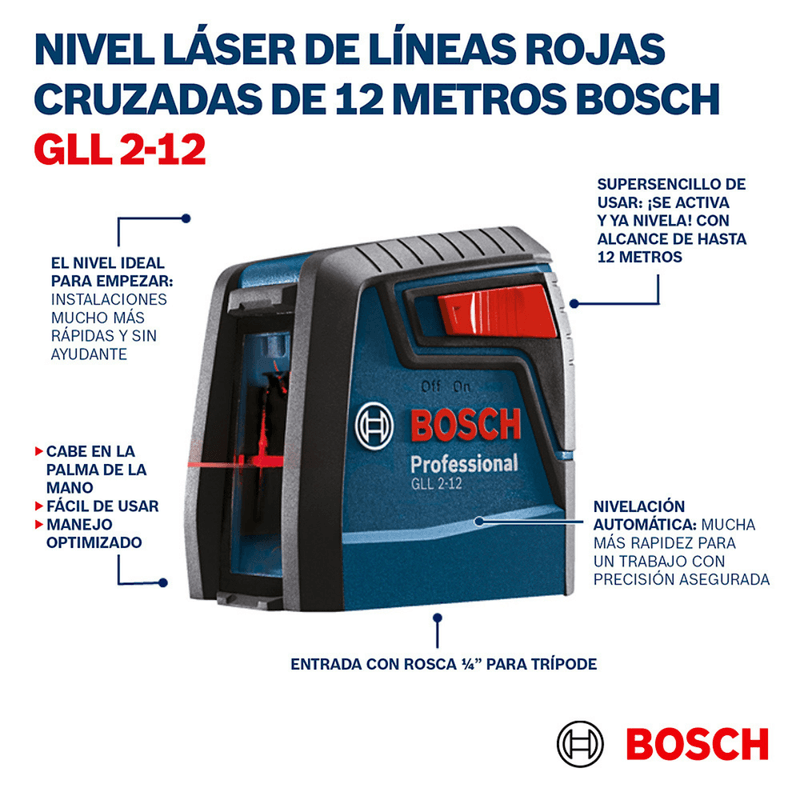 Nivel Láser Bosch GLL 2-12 alcance 12m con soporte