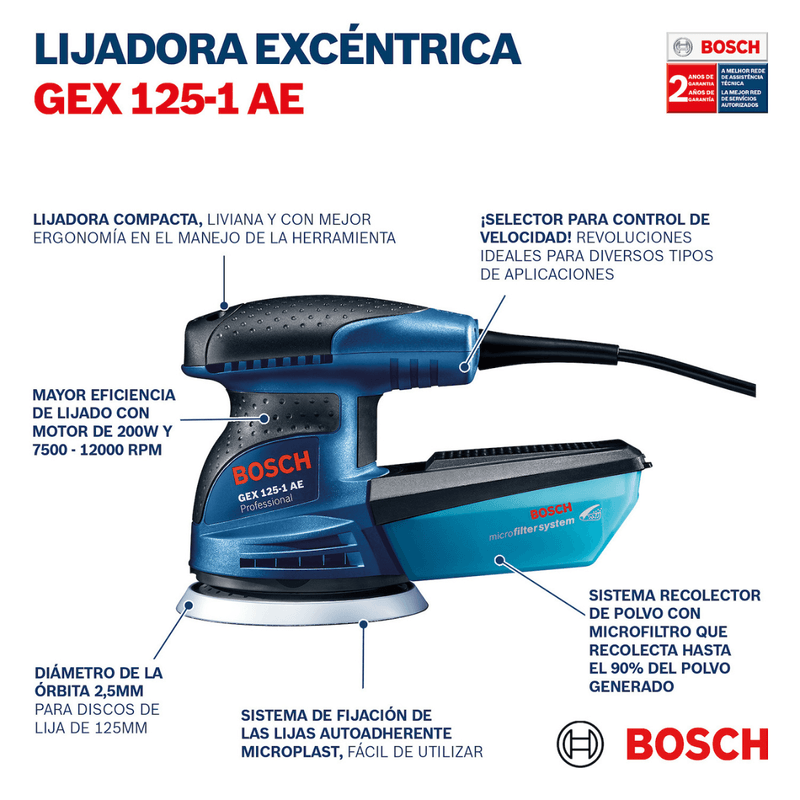 Bosch Professional GEX 125-1 AE - Lijadora excéntrica (250 W, Microfiltro,  Ø plato 125 mm, 3 hojas de lija, en maletín)