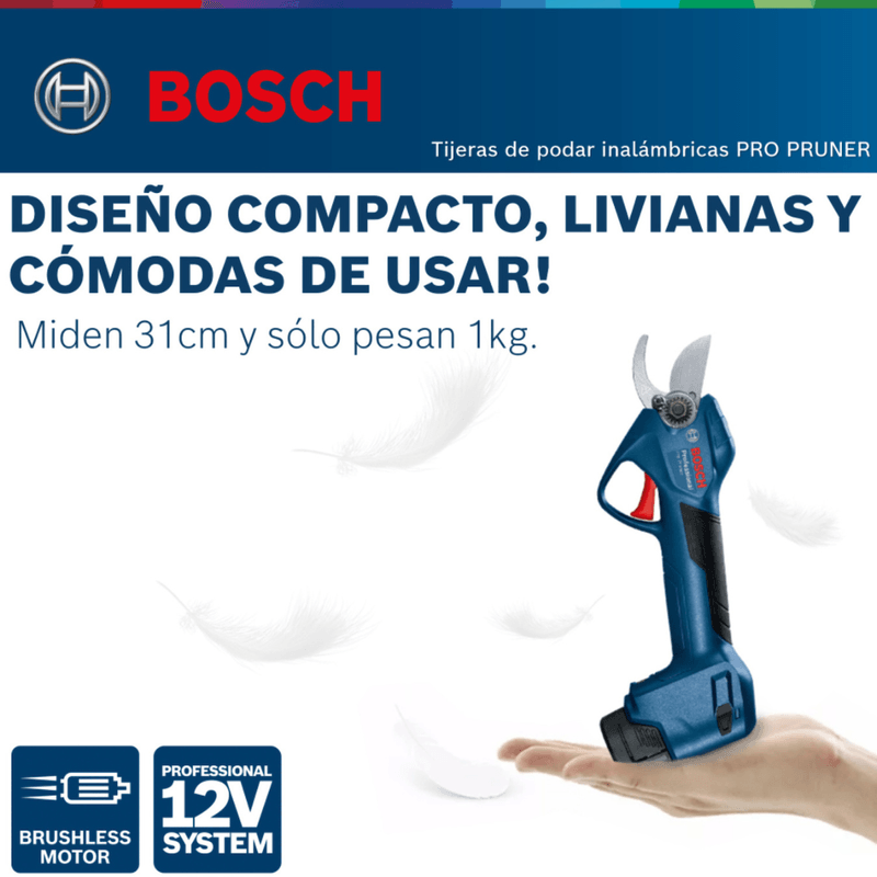 Bosch - Pro Pruner - Tijeras de jardín con 2 baterías, Li-Ion, 12 V, 3 ah,  25 mm, Motor sin escobillas,  - Tienda online de herramientas  eléctricas