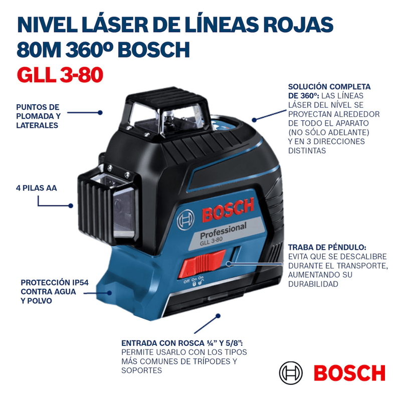 Nivel láser Bosch GLL 3-80 360° 80 metros en maletín