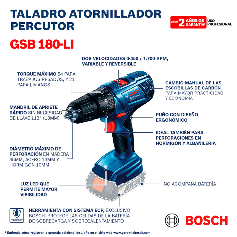 Taladro Atornillador Percutor Bosch GSB 180-LI 1/2 + 1 Batería